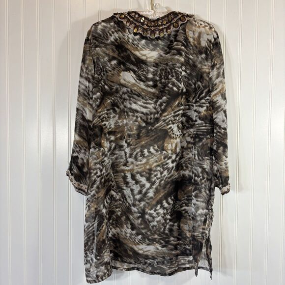 Chicos Womens Beaded Tunic Size 3 Sheer Maximalist Mob Wife Glam Boho Ethnic - Picture 2 of 15